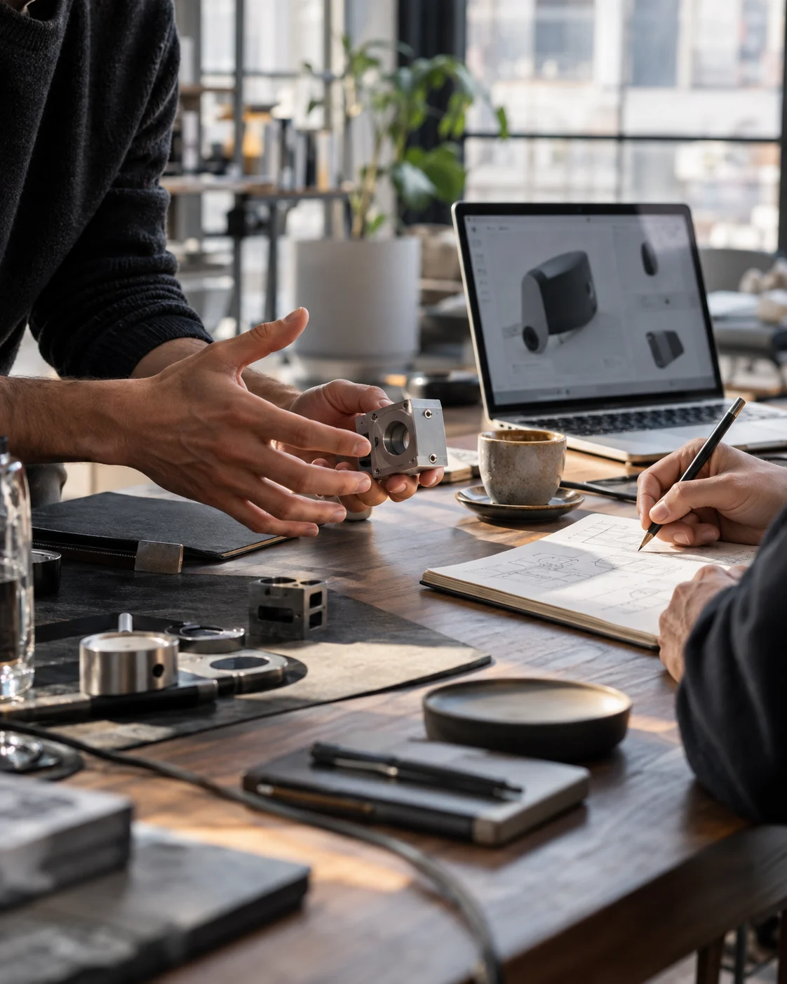 A discussion about a product at a worktable